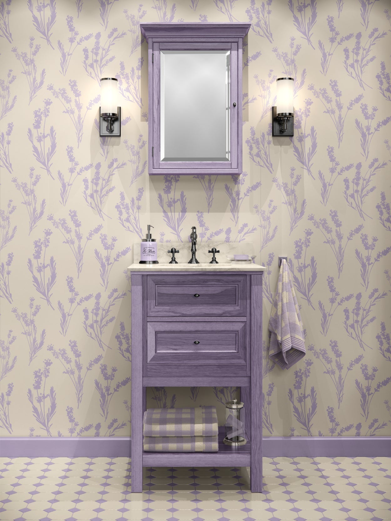 Lavender Silhouette Botanical and Gingham Seamless Pattern