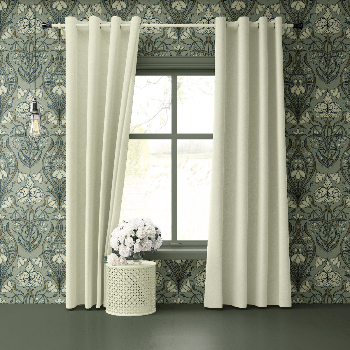 art nouveau floral botanical wallpaper in green and beige designed by Noemi Marozsan 