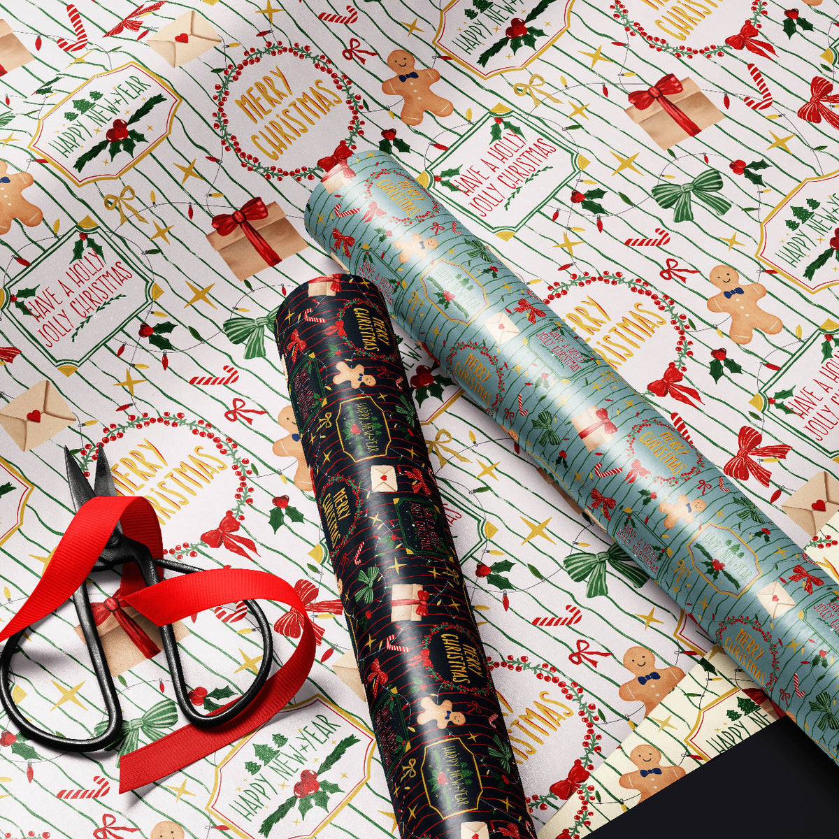 Christmas-themed wrapping paper rolls and a matching gift bag with red ribbon, laid out on a white background with holiday illustrations including gingerbread men, wreaths, candy canes, and gift boxes.
