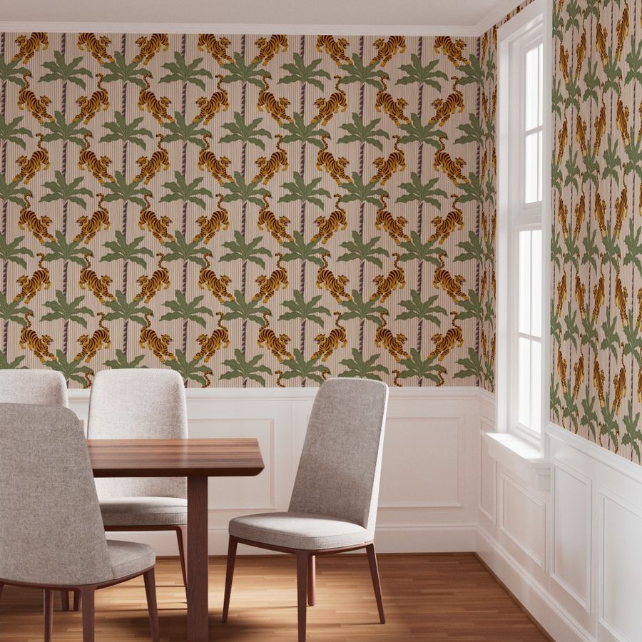 Retro Tropical Roaming Tigers - Jungle Cats on Vertical Striped