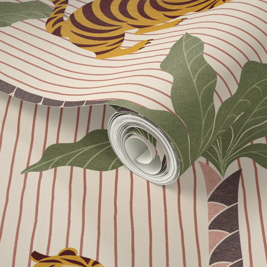 Retro Tropical Roaming Tigers - Jungle Cats on Vertical Striped