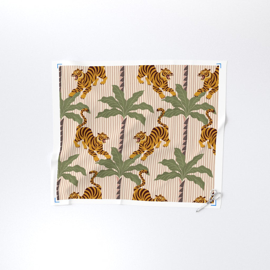 Retro Tropical Roaming Tigers - Jungle Cats on Vertical Striped