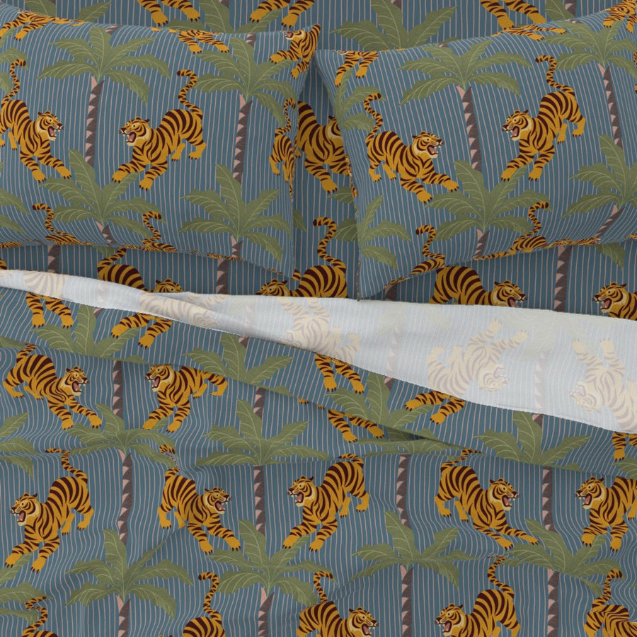 Retro Tropical Roaming Tigers - Jungle Cats on Vertical Striped