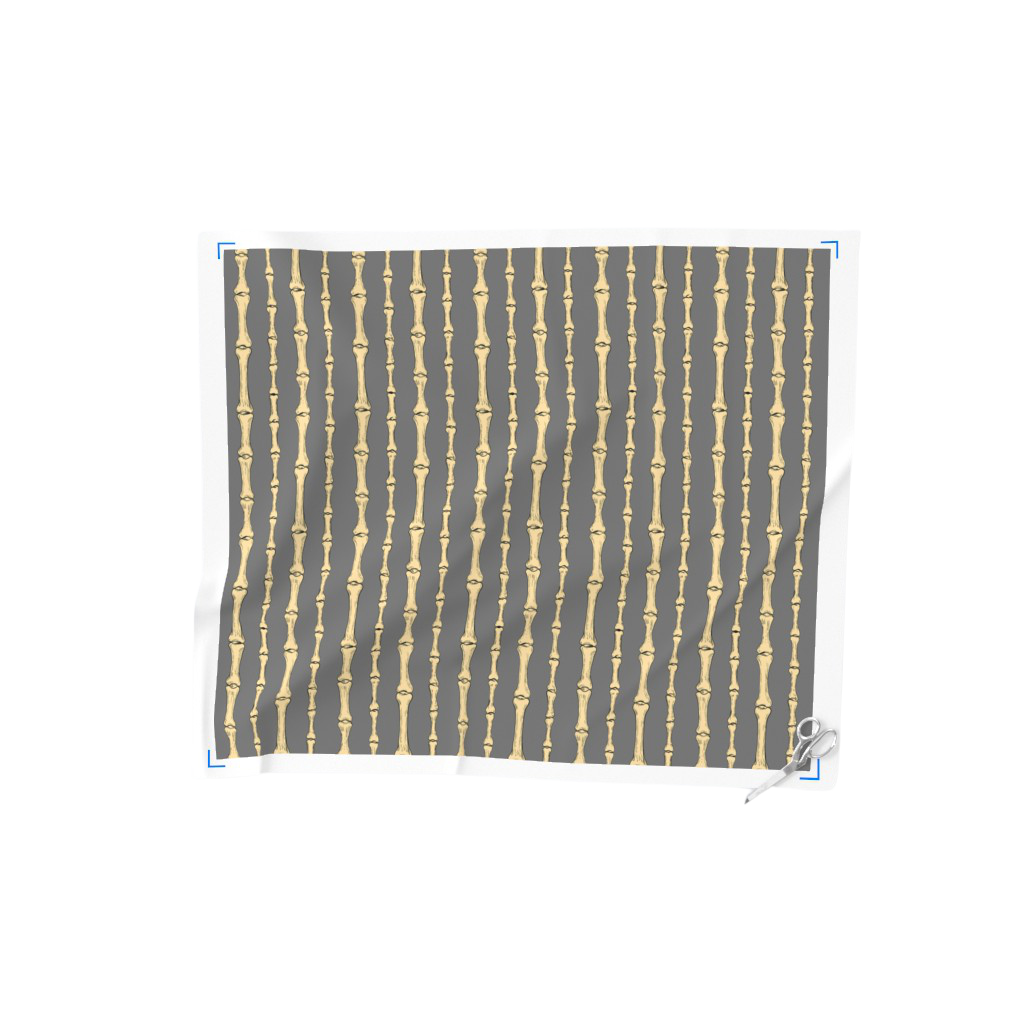 A dramatic and hauntingly elegant design featuring vertically aligned, intricately drawn bones on a grey background.