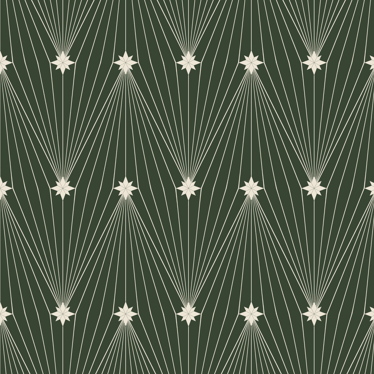 A repeating geometric pattern featuring cream-colored starburst and radiating line motifs on a dark forest green background.
