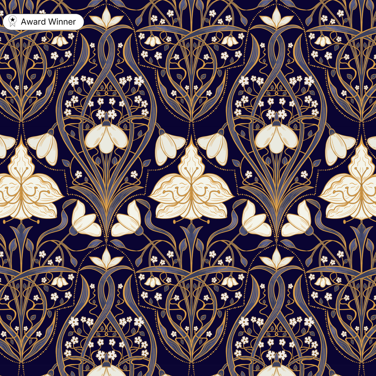 A repeating Art Nouveau style floral pattern on a deep navy background, with cream flowers and leaves outlined in metallic gold. A small badge in the top-left corner reads 'Award Winner'.