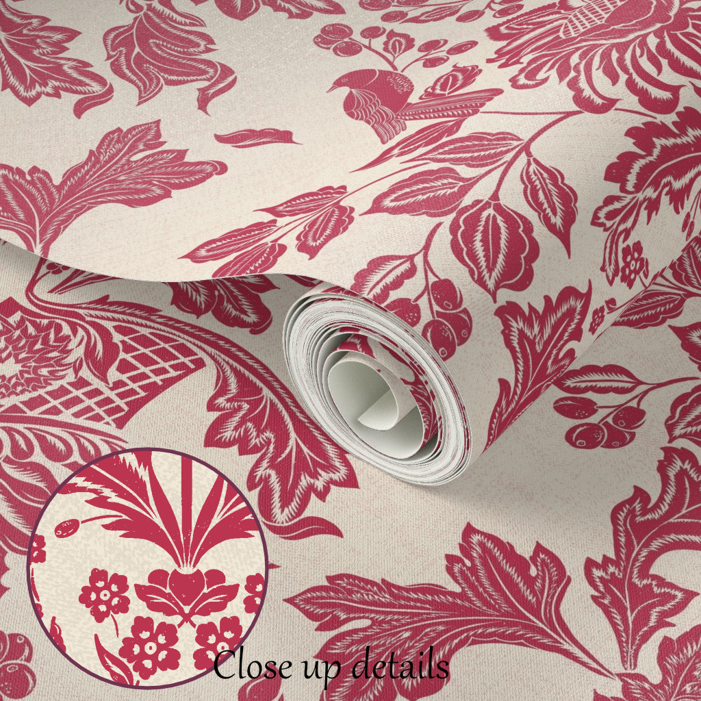 Roll of pink floral wallpaper with close-up details on a beige background