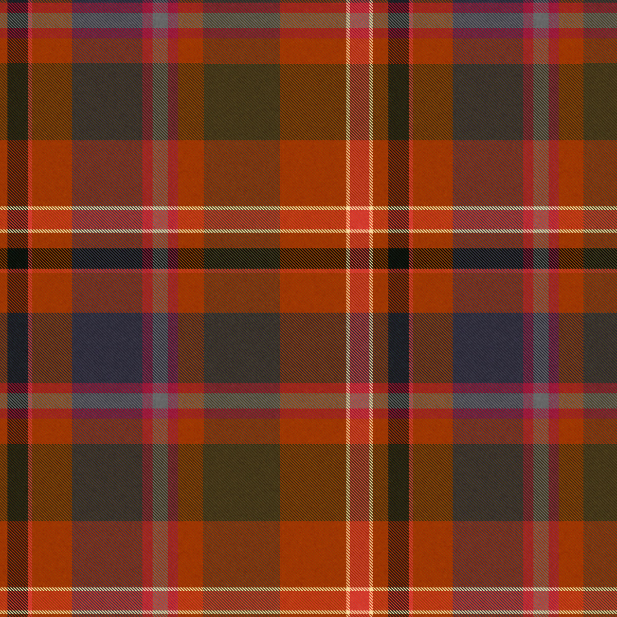 A close-up of a tartan plaid fabric pattern with orange, brown, red, black, and blue-gray stripes.