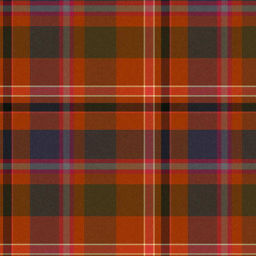 A close-up of a tartan plaid fabric pattern with orange, brown, red, black, and blue-gray stripes.