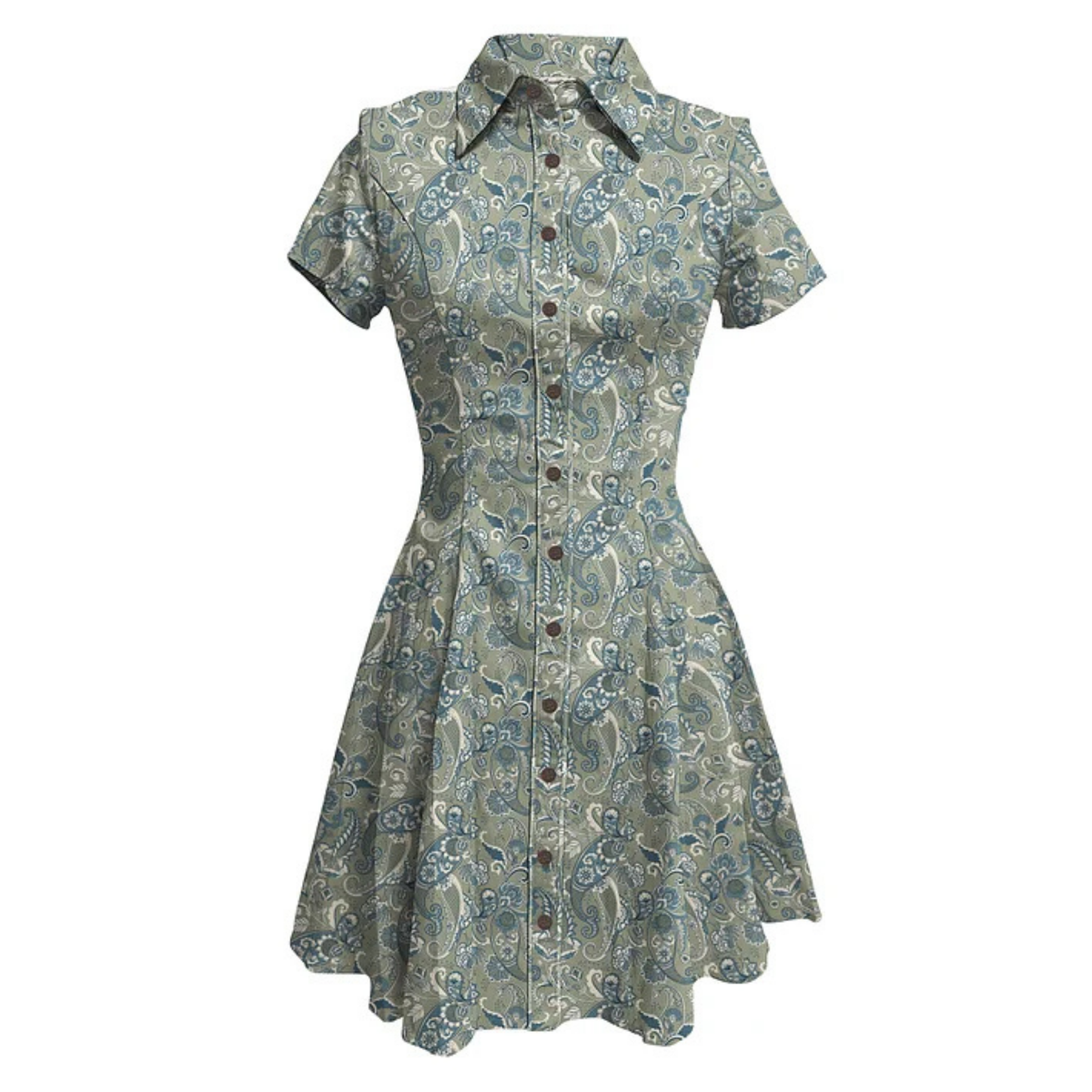 A short-sleeve button-front dress with a collared neckline and a flared skirt, featuring an all-over paisley pattern in muted blue, gray, and beige tones.