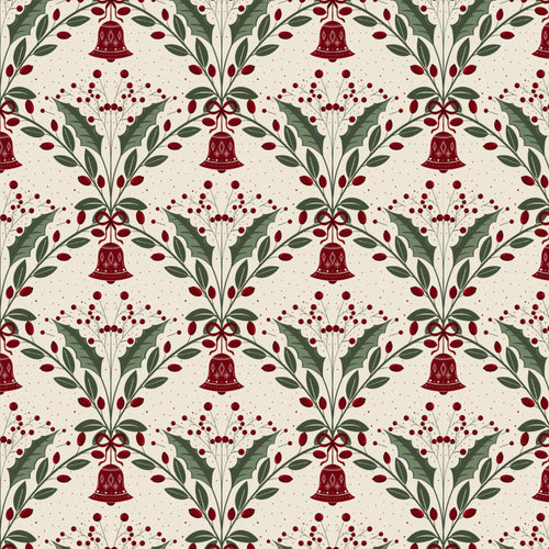 A repeating Christmas-themed pattern featuring red bells, holly leaves, berries, and delicate floral motifs on a warm cream background.