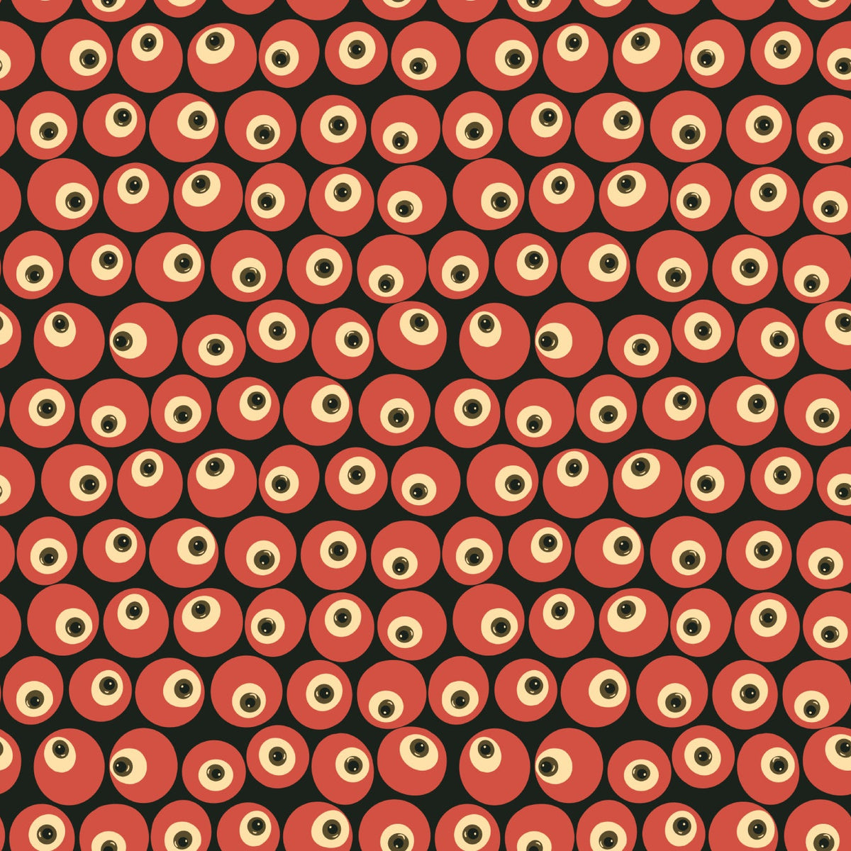 A bold repeating pattern of stylised eyeballs arranged in a tight geometric layout, creating a surreal and modern statement print that pairs seamlessly with the rest of the collection.