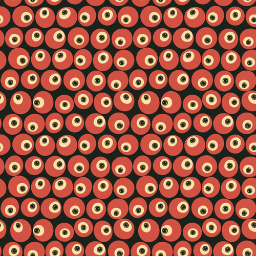 A bold repeating pattern of stylised eyeballs arranged in a tight geometric layout, creating a surreal and modern statement print that pairs seamlessly with the rest of the collection.