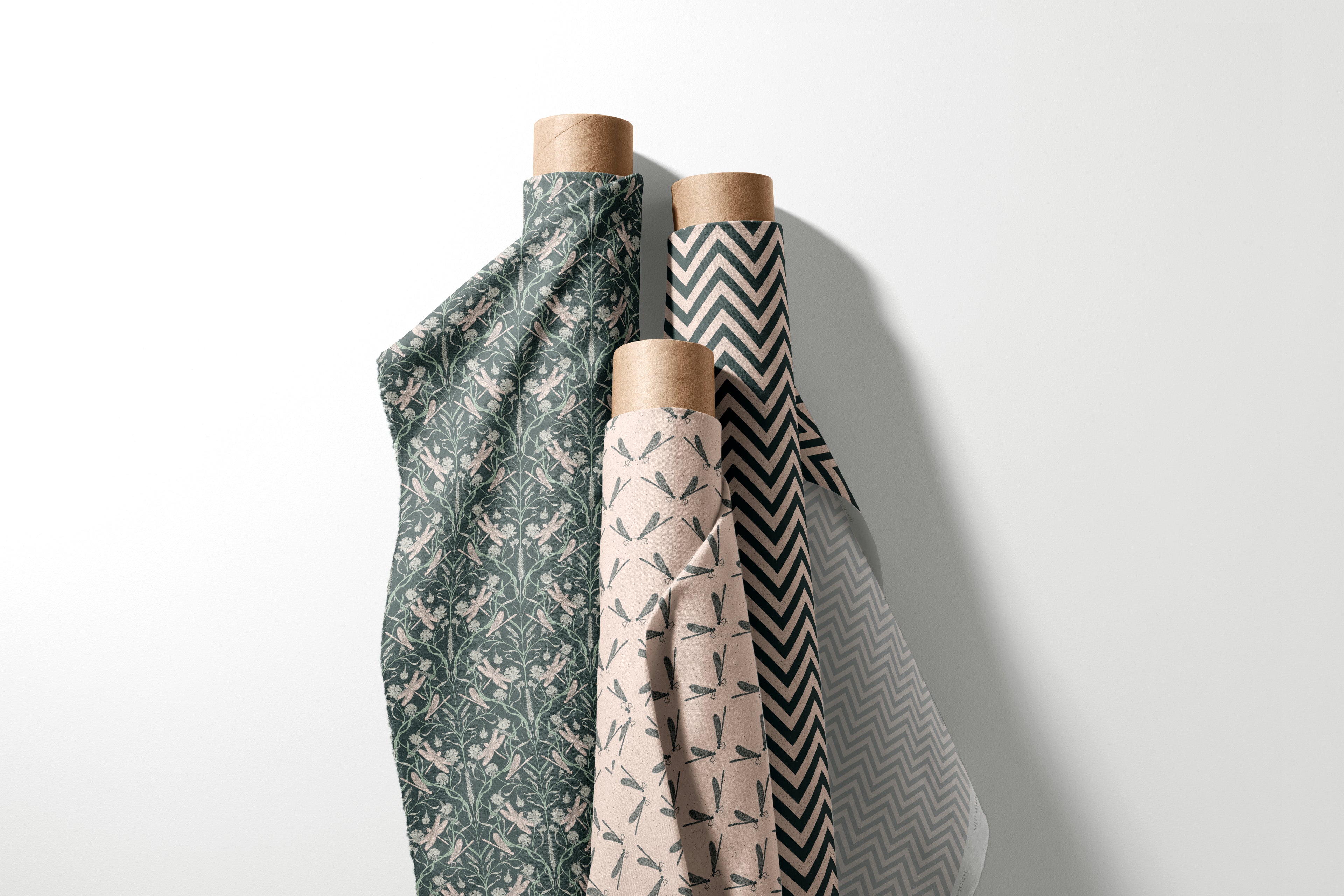 Elegant Art Nouveau dragonfly pattern with soft pastel tones and clean repeat by Noemi Marozsan Designs.