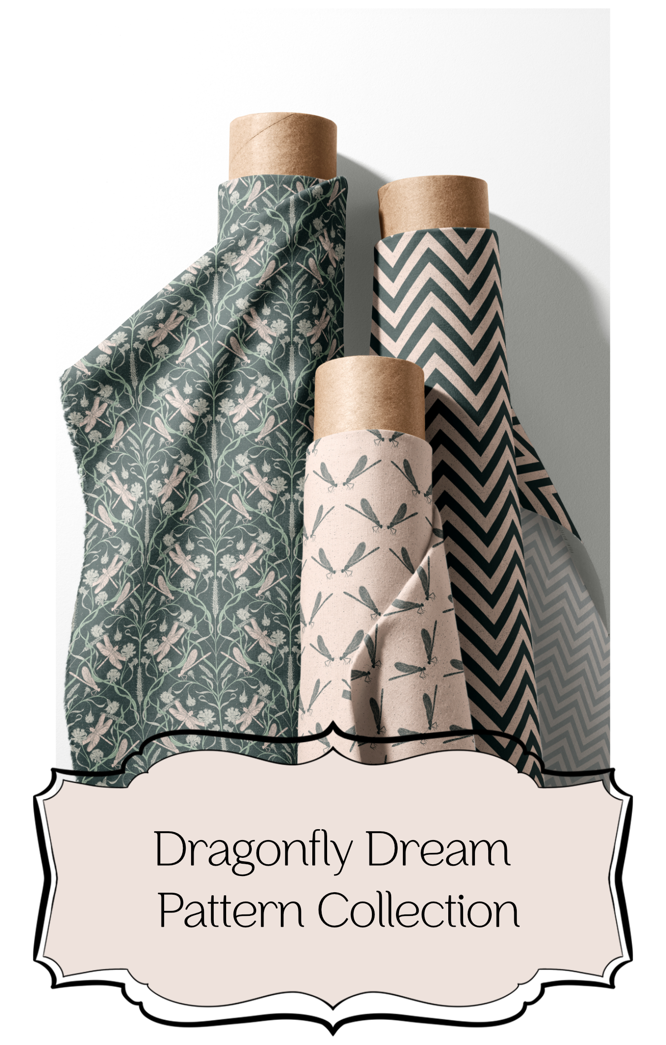 Dragonfly pattern collection with dragonfly illustrations, leafy motifs, chevron pattern, and coordinated repeat designs in green, pearl pink, and teal.