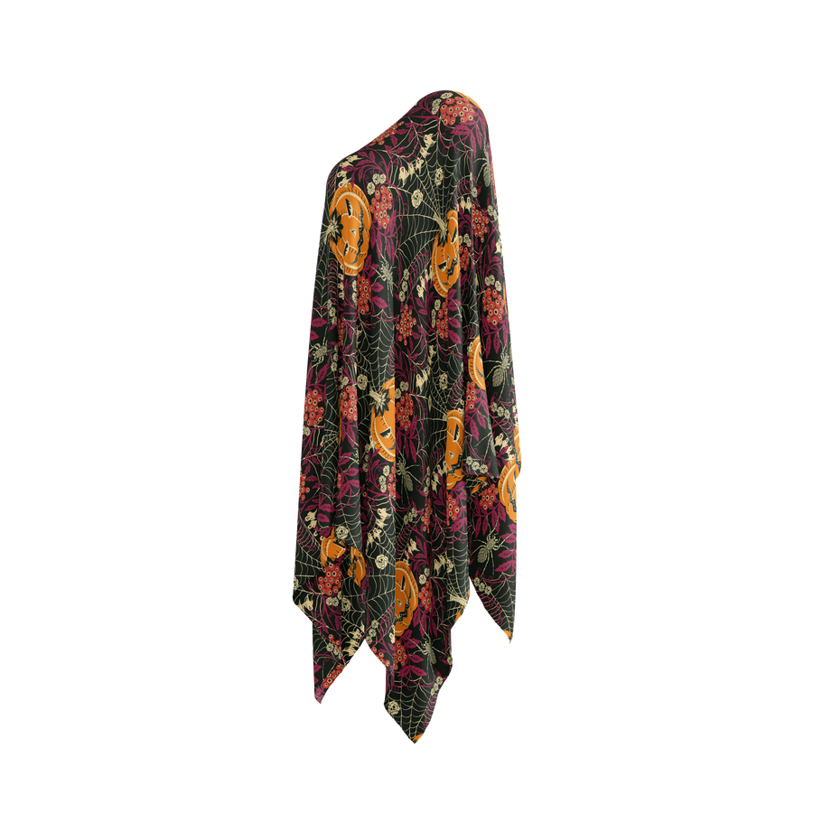 Halloween-themed ghost fabric by creatsy with pumpkins and leaves, spiderweb and spider on a white background