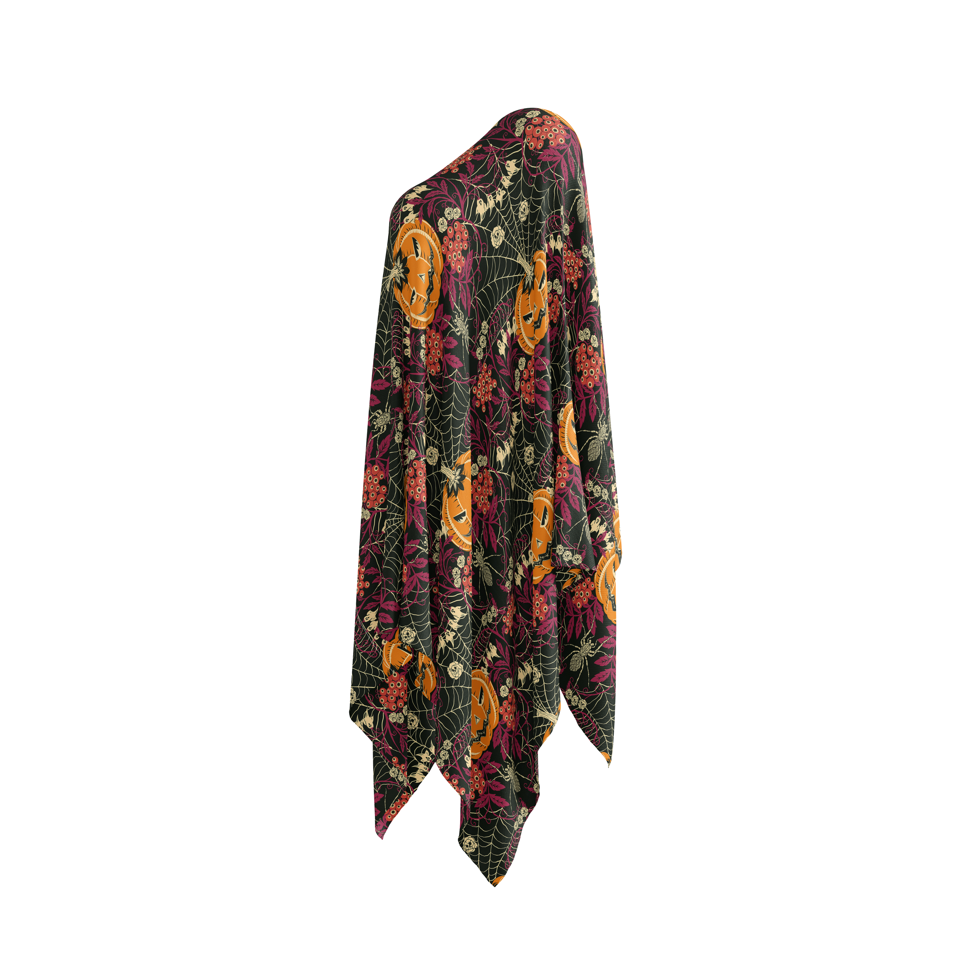 Halloween-themed ghost fabric by creatsy with pumpkins and leaves, spiderweb and spider on a white background