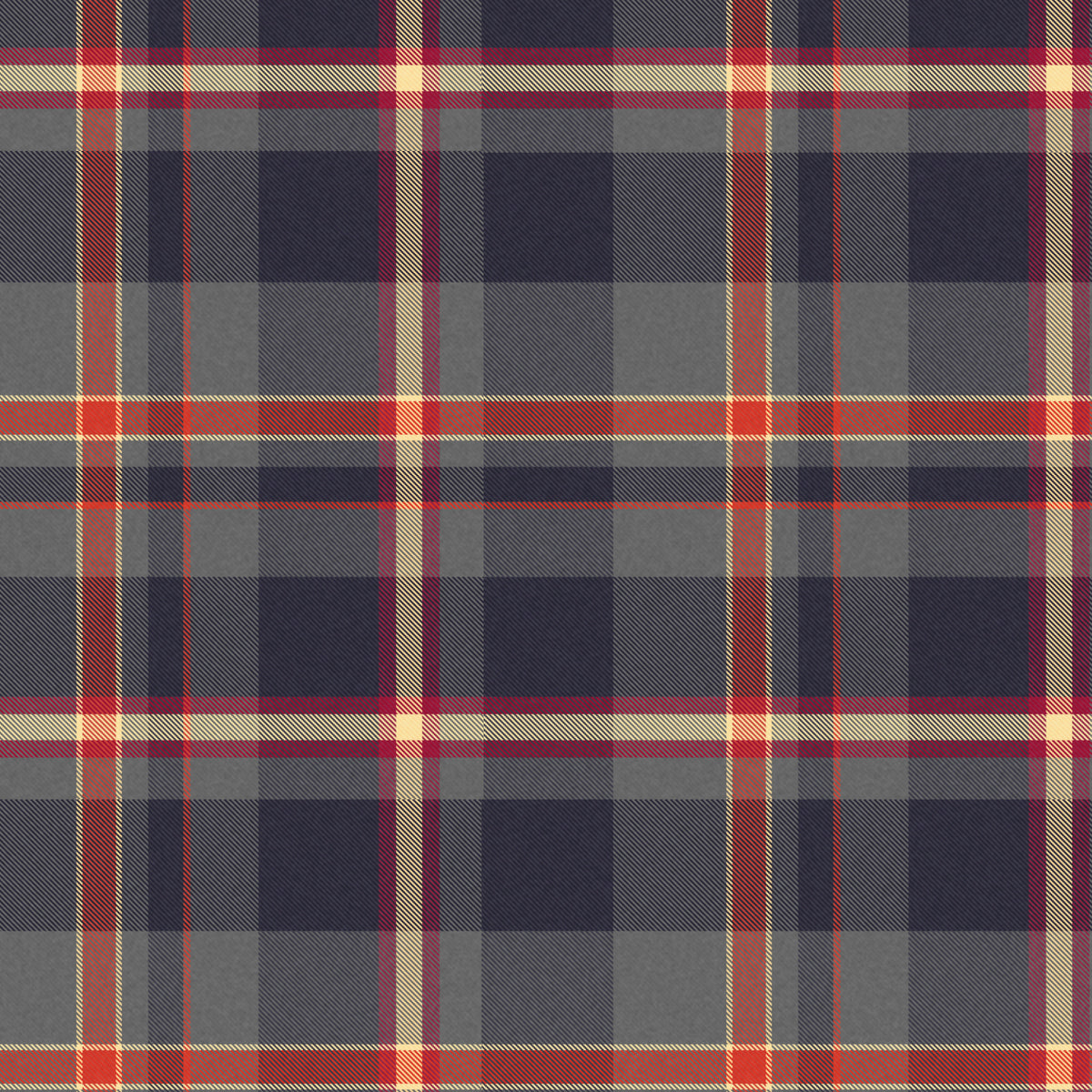 A close-up of a tartan plaid fabric pattern with navy blue, gray, red, and beige stripes.