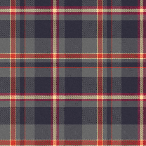 A close-up of a tartan plaid fabric pattern with navy blue, gray, red, and beige stripes.
