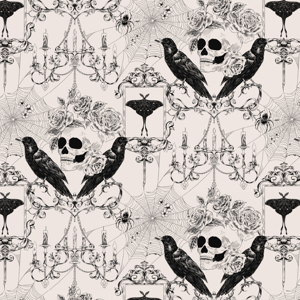Gothic black and white pattern featuring crows, skulls, roses, spiderwebs, moths, and ornate candlesticks on a light beige background.