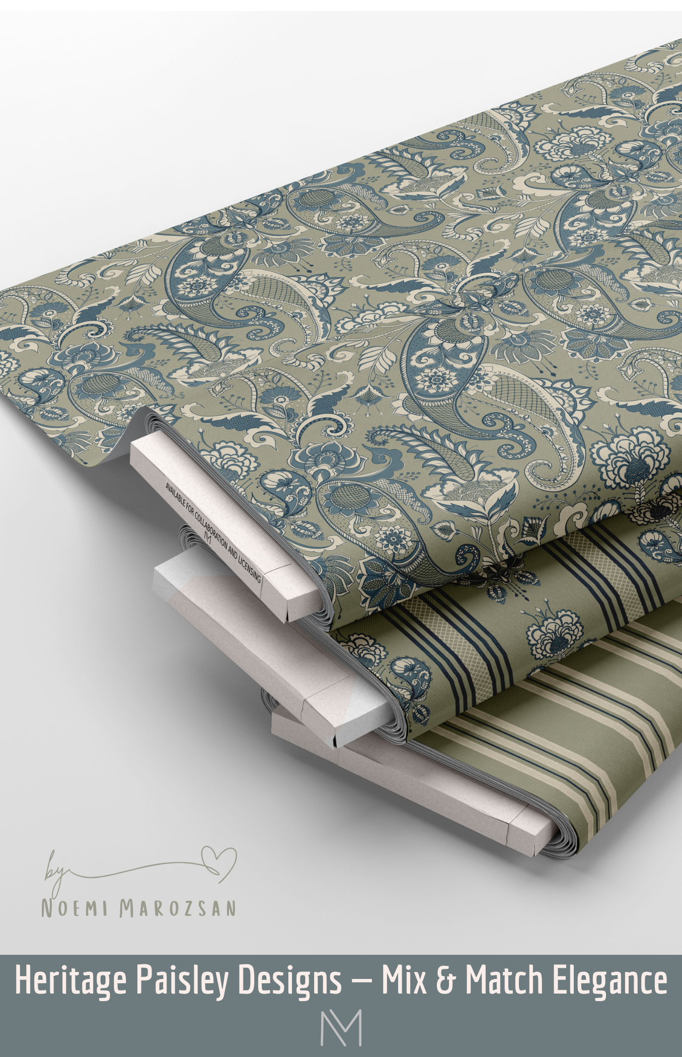 Rolls of fabric with paisley pattern and matching stripes and coordinates on a white background by Noemi Marozsan