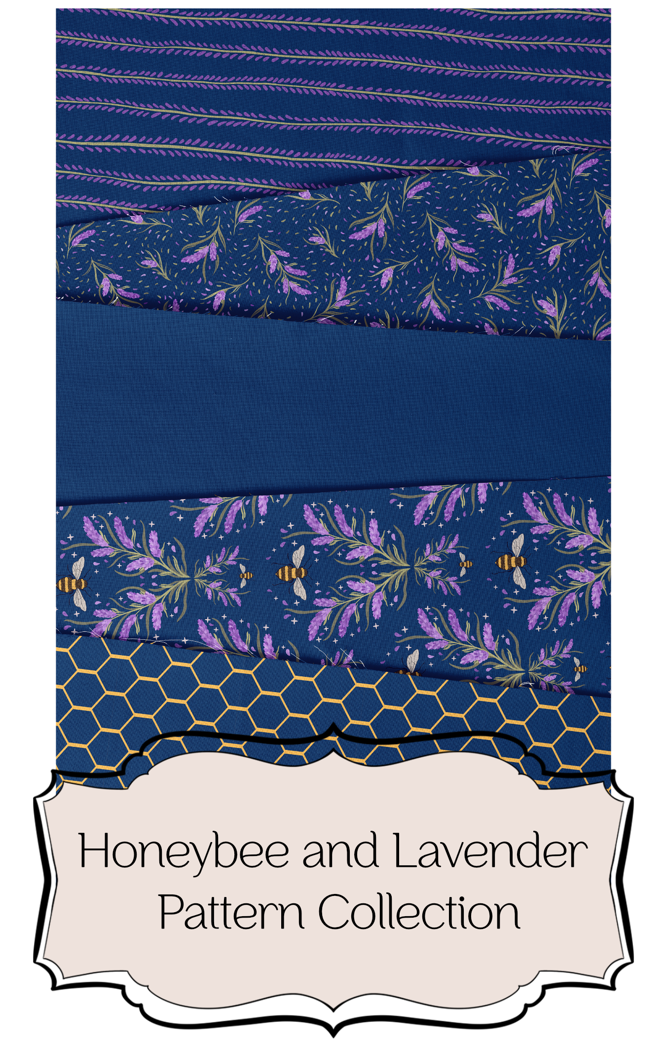 Honeybee and lavender pattern collection with bee illustrations, lavender sprigs, honeycomb motifs, stripes, and coordinated blue repeat designs.