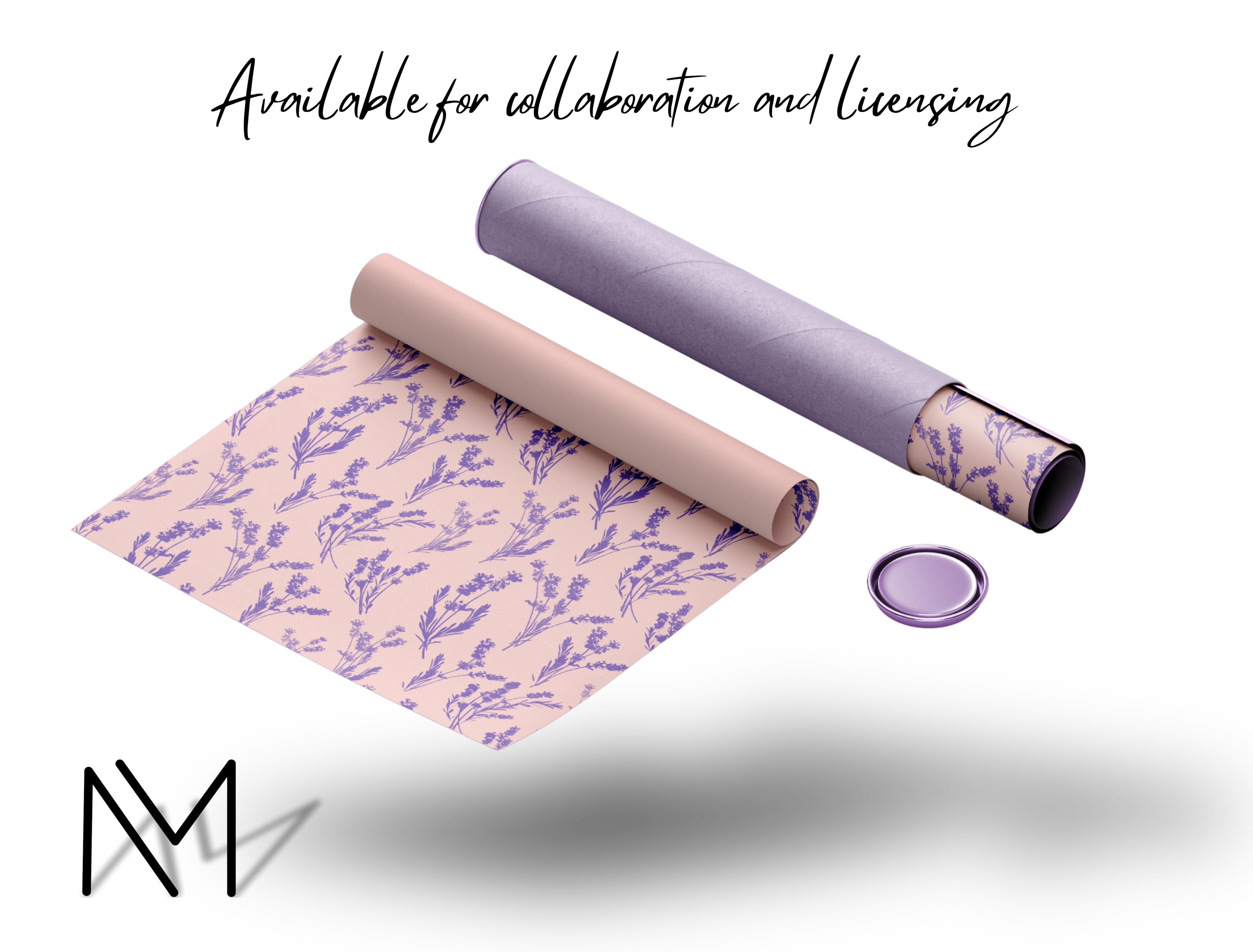 Two rolls of lavender‑themed wrapping paper, one unrolled to show a pink sheet with purple botanical silhouettes, displayed with a matching tube cap on a transparent background to highlight the pattern and product presentation.