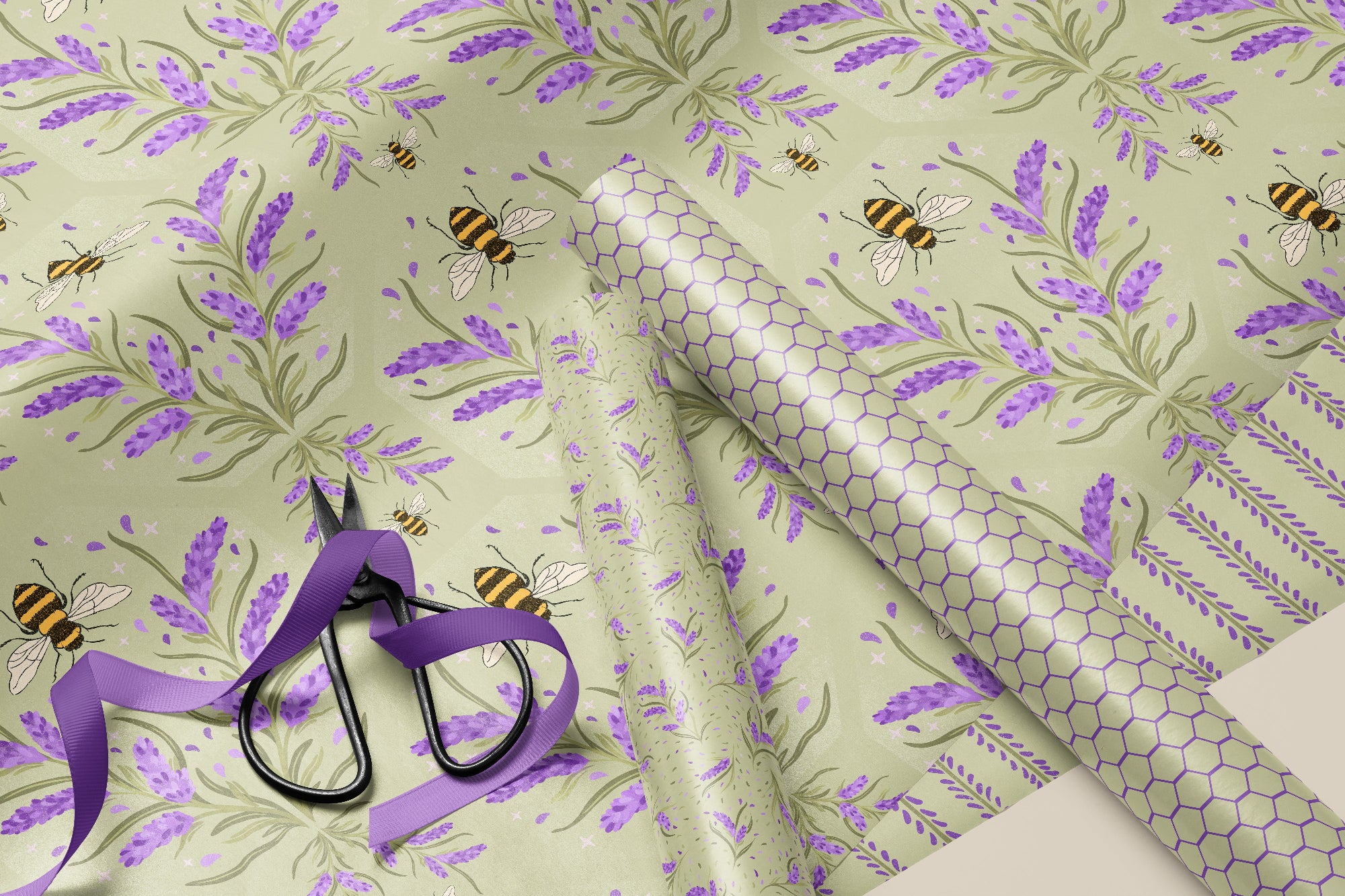 Soft lavender and bee pattern with a clean repeat and matching honeycomb coordinate. High‑quality surface design by Noemi Marozsan.
