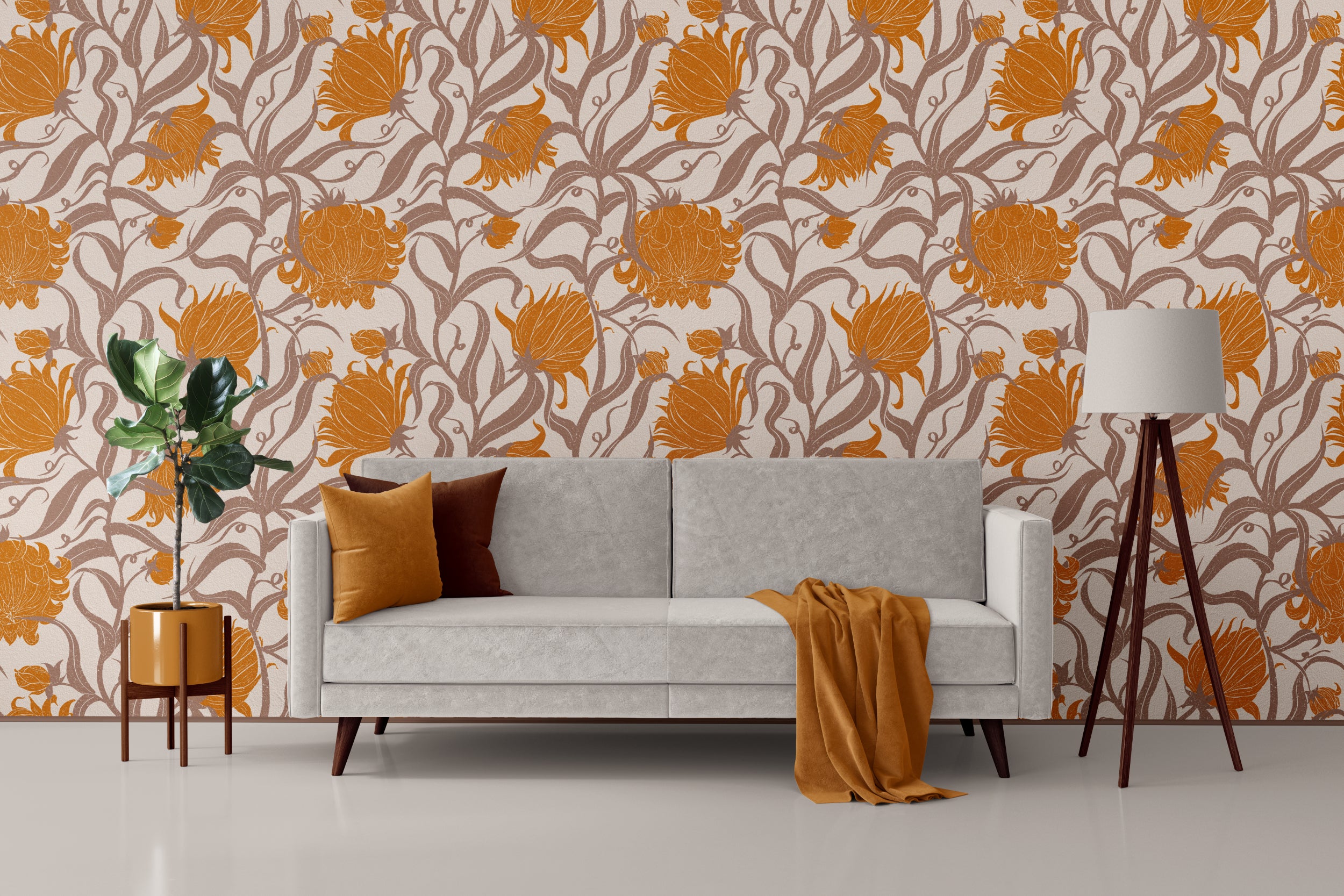 Bold orange floral wallpaper by Noemi Marozsan Designs, perfect for modern living rooms, studios, and boutique interiors.