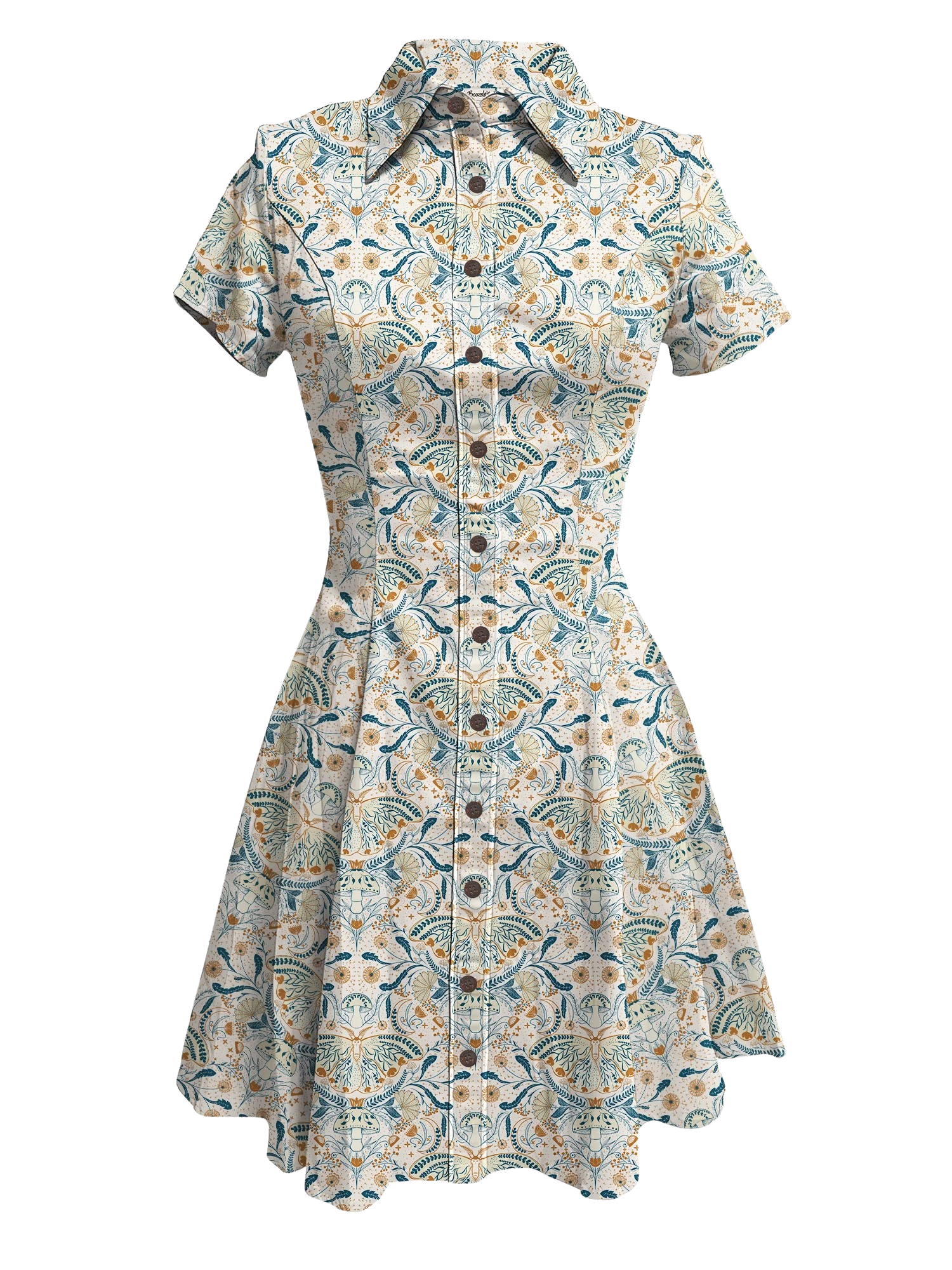 Playful Boozelele moths pattern on a clean, modern dress. High‑resolution surface design by Noemi Marozsan