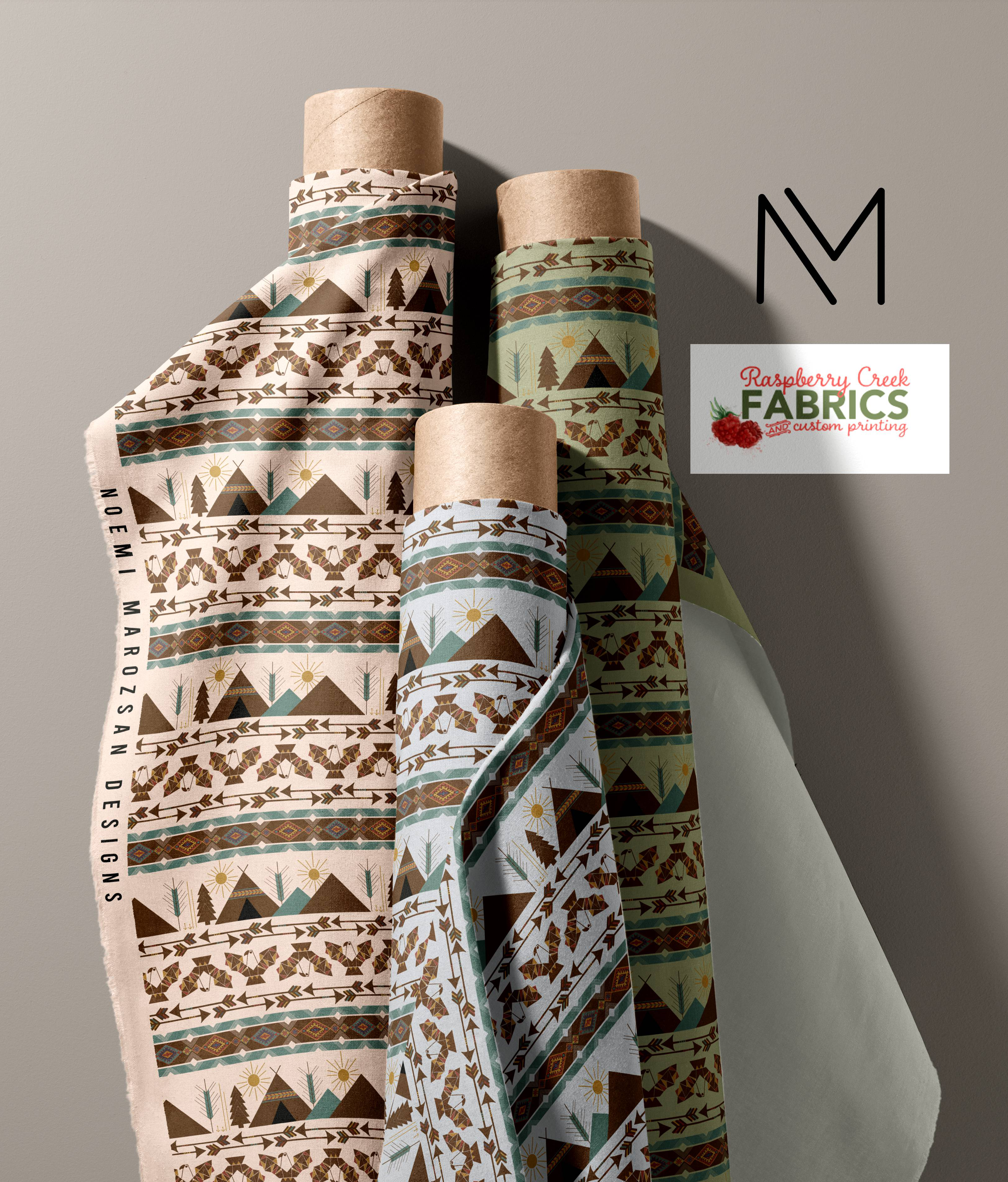 High‑quality custom‑printed fabric showcasing Noemi Marozsan’s tribal american design, professionally produced by Raspberry Creek Fabrics. Ideal for apparel, quilting, home décor, and small‑batch manufacturing