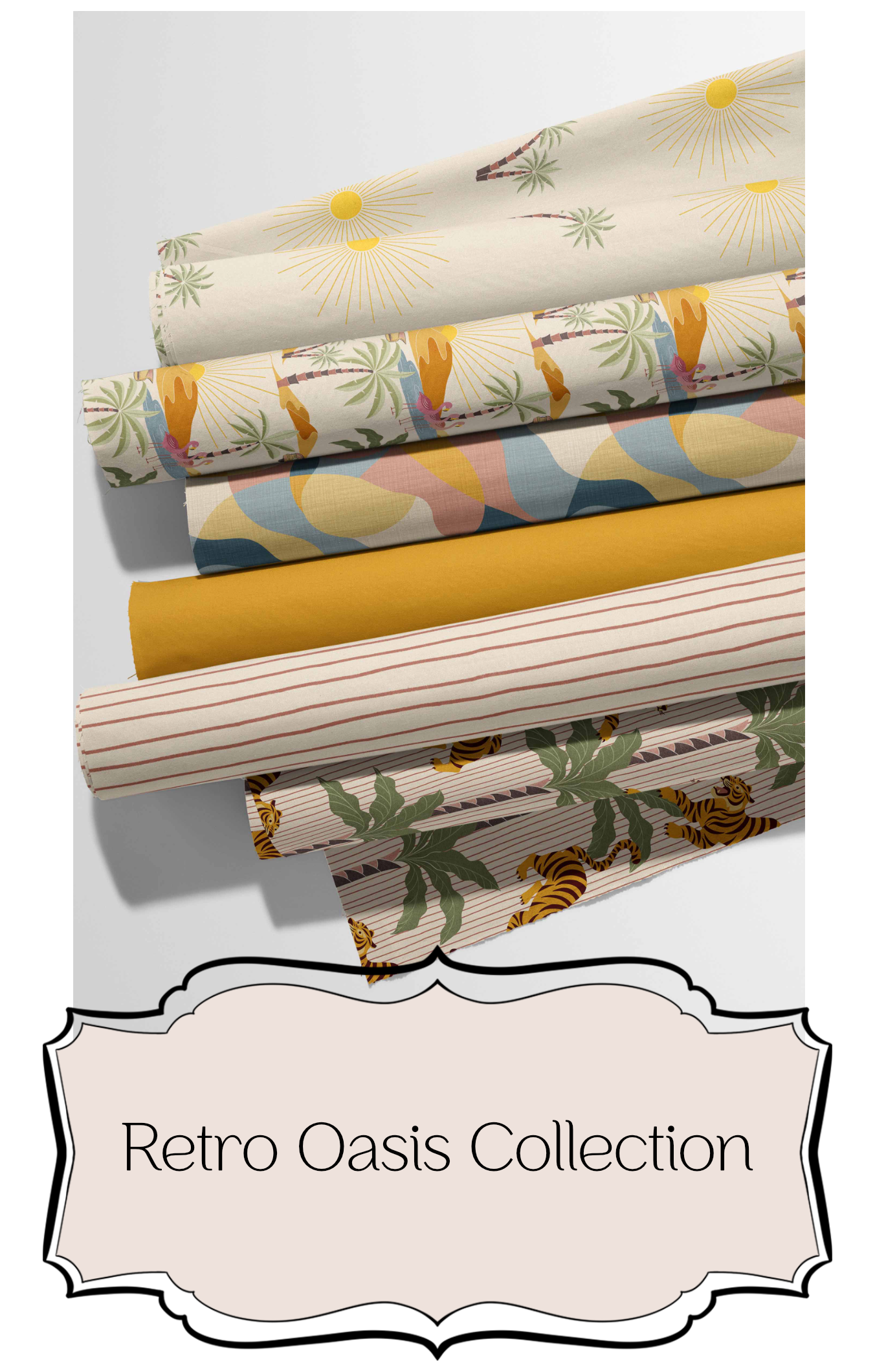 Stack of coordinated retro‑style fabrics featuring floral, abstract, and tropical patterns in yellow, green, pink, and beige tones. Part of the Retro Oasis Collection, ideal for sewing, quilting, and vintage‑inspired home décor projects.