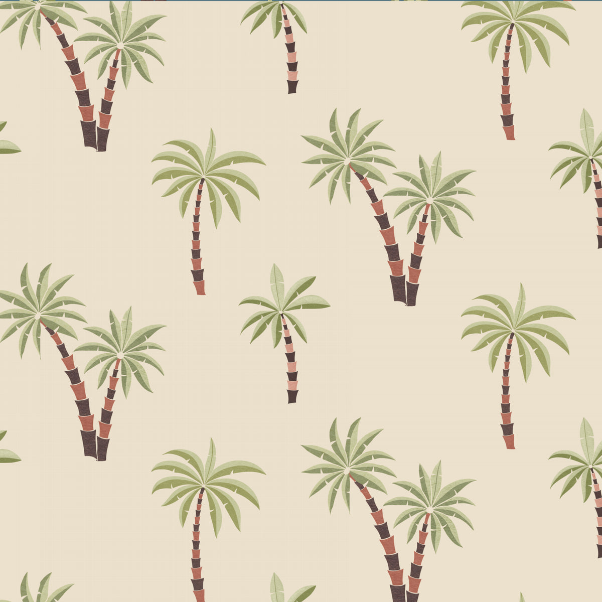 A repeating tropical pattern of stylized palm trees on a warm cream background. The palms have light green fronds and trunks with dark brown and muted orange bands.