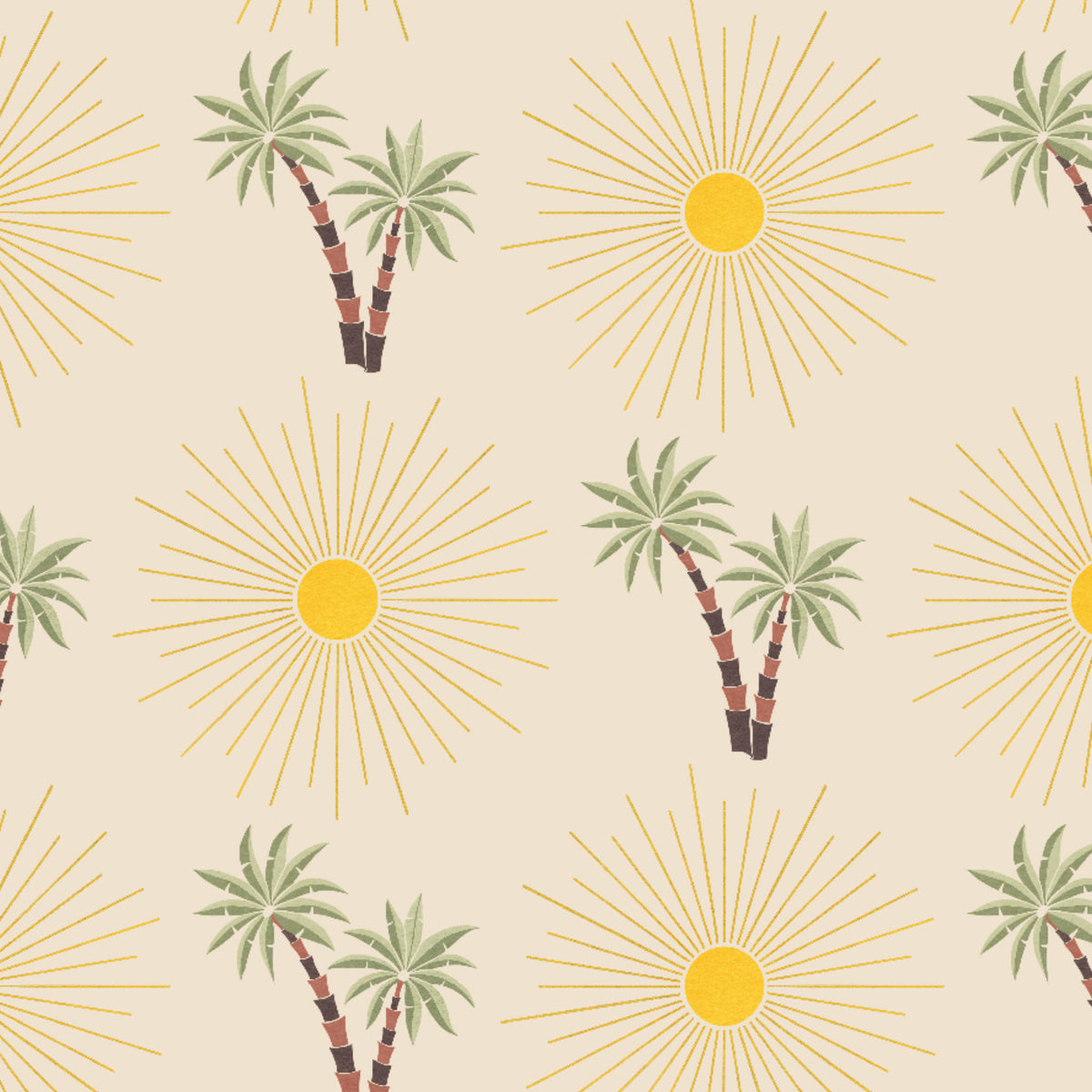 A repeating tropical pattern featuring green palm trees and yellow sunburst motifs on a light beige background.