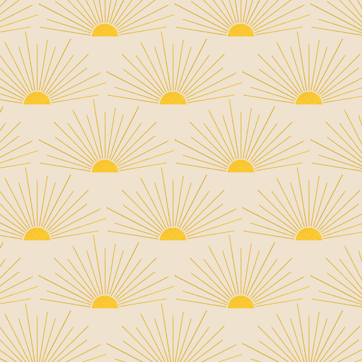 A repeating sunburst pattern with yellow semi-circles and radiating lines on a warm beige background.