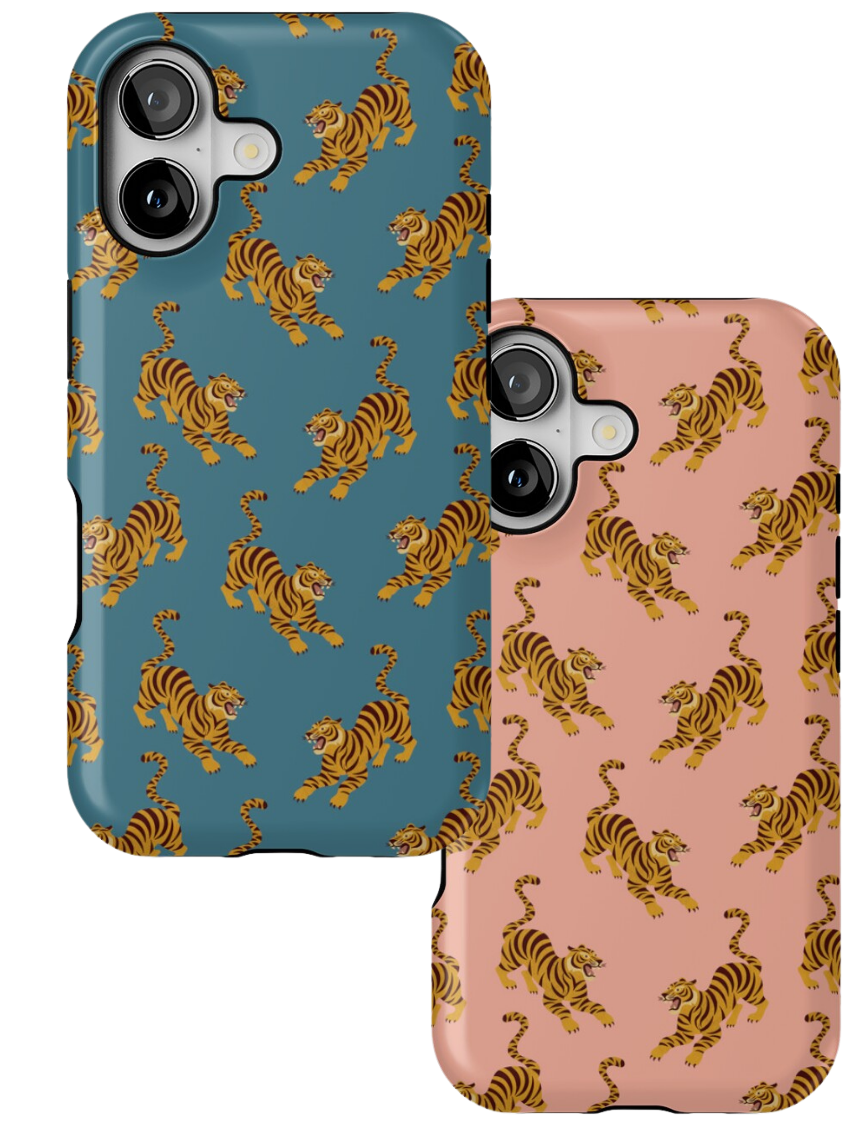 Bold tiger pattern phone case available in blue and pink. Clean, modern, high‑resolution design for everyday use.