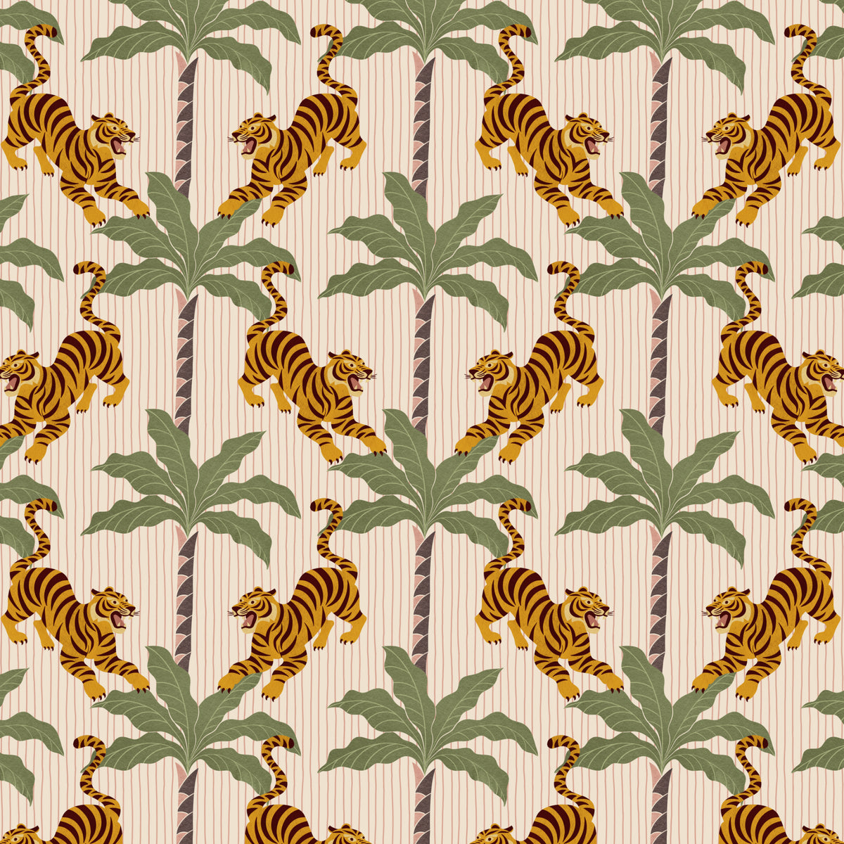 A repeating seamless pattern featuring orange and black striped lions walking among green palm trees on a light beige background with subtle vertical stripes.