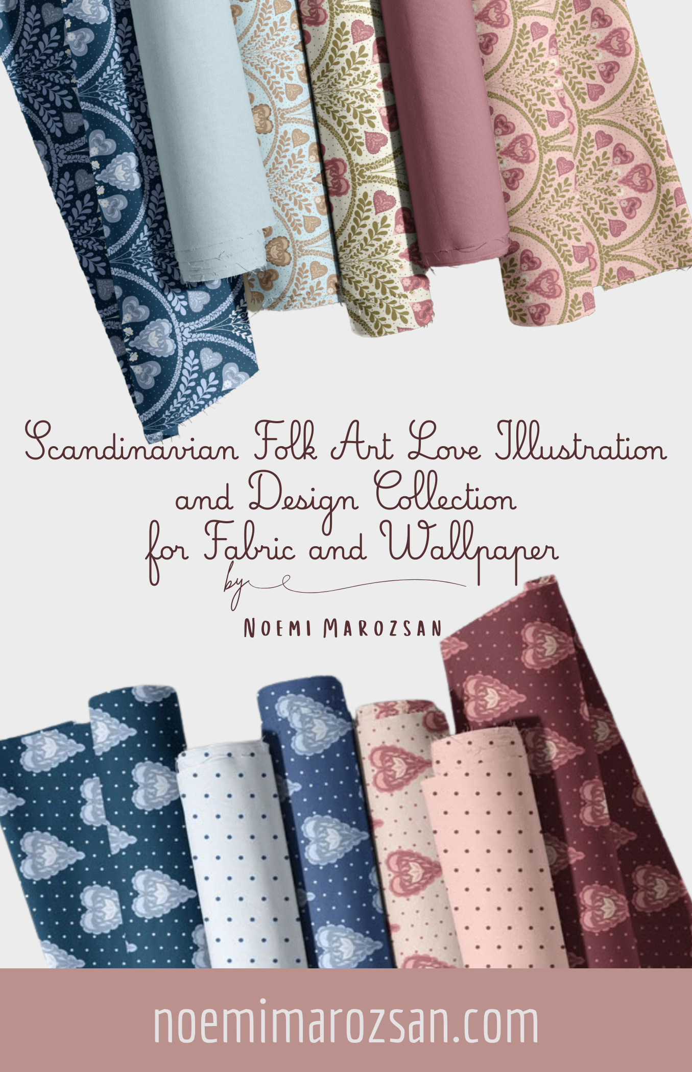 Collection of fabric swatches with patterns scandinavian folk art heart designs and polka dots design collection by Noemi Marozsan.