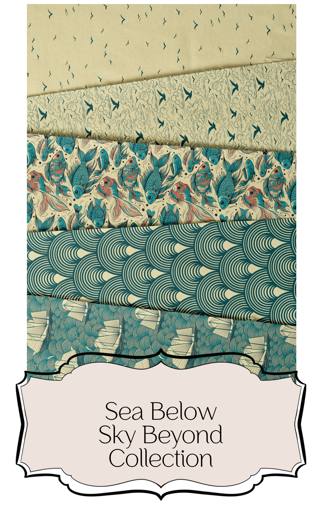 A cohesive coastal pattern collection featuring waves, fish, birds, clouds, and abstract ocean‑inspired motifs in teal, coral, blue, and cream. The designs blend modern structure with natural seaside elements, perfect for coastal décor, wallpaper, and home textiles.