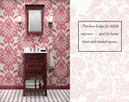 Bathroom with wooden vanity and mirror against a pink floral wallpaper.
Heritage Revival Monochrome Wallpaper  Noemi Marozsan Surface Pattern Desgin