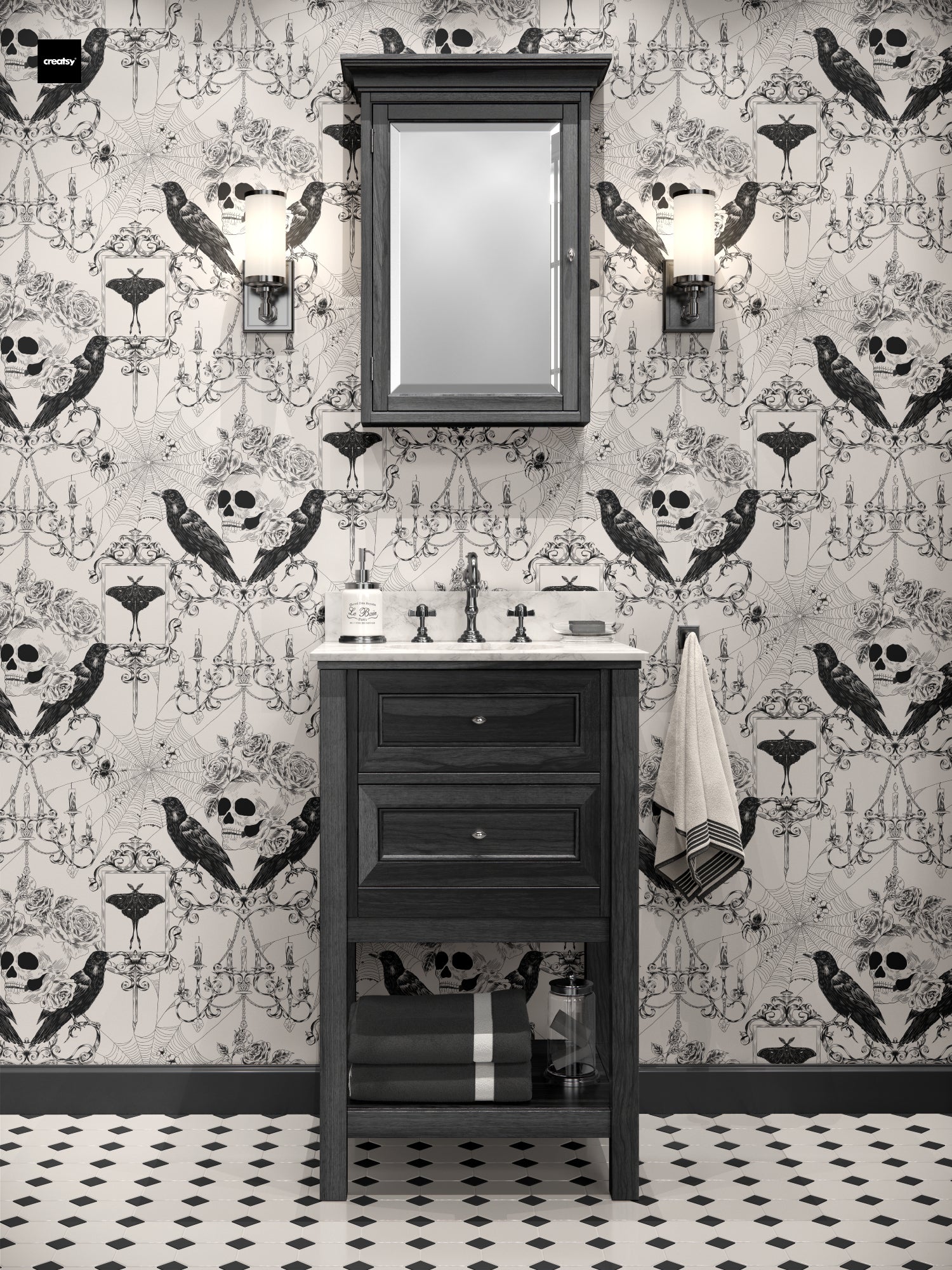 A bathroom vanity setup with a dark wood cabinet, white countertop, wall mirror, and halloween patterned wallpaper featuring ravens, skulls, and decorative motifs. A folded towel hangs on the side, and the floor has a black-and-white diamond tile pattern.