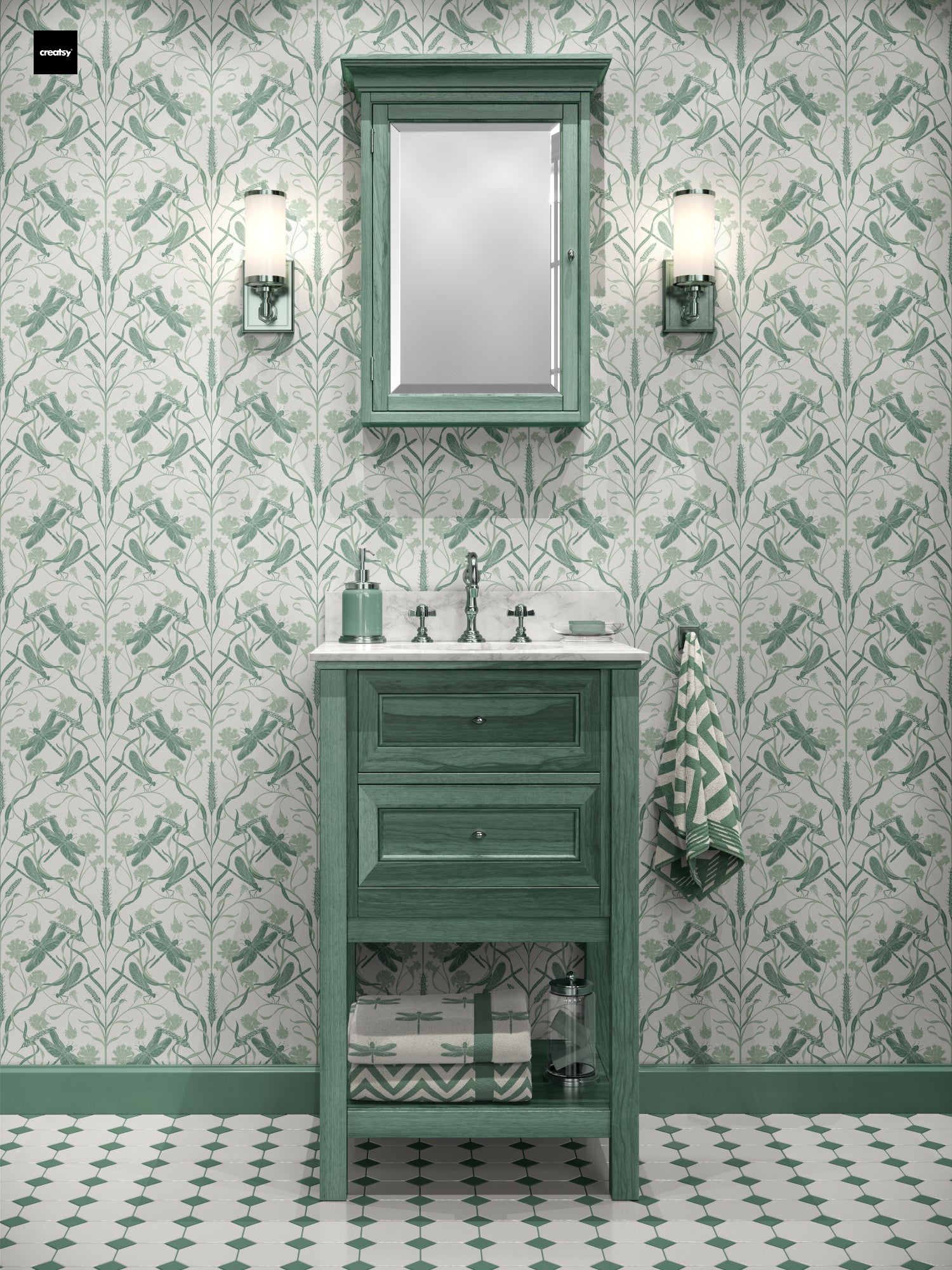 A green bathroom vanity cabinet with a white marble sink top, matching green mirror frame, and green hardware, set against a green and white dream dragonfly  patterned wallpaper designed by Noemi Marozsan and a  checkered floor.