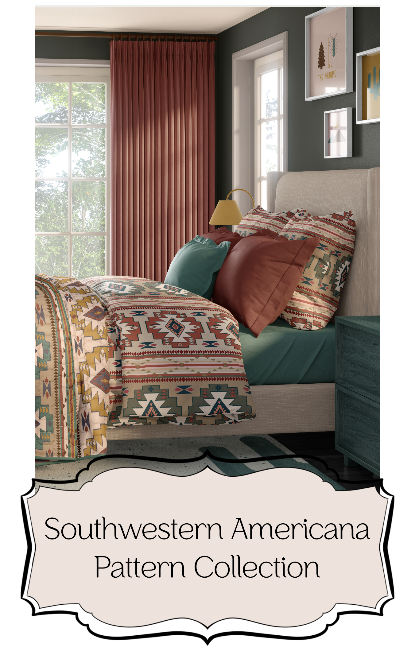 Southwestern Americana pattern collection with geometric motifs, tribal‑inspired shapes, earthy colors, and coordinated repeat designs