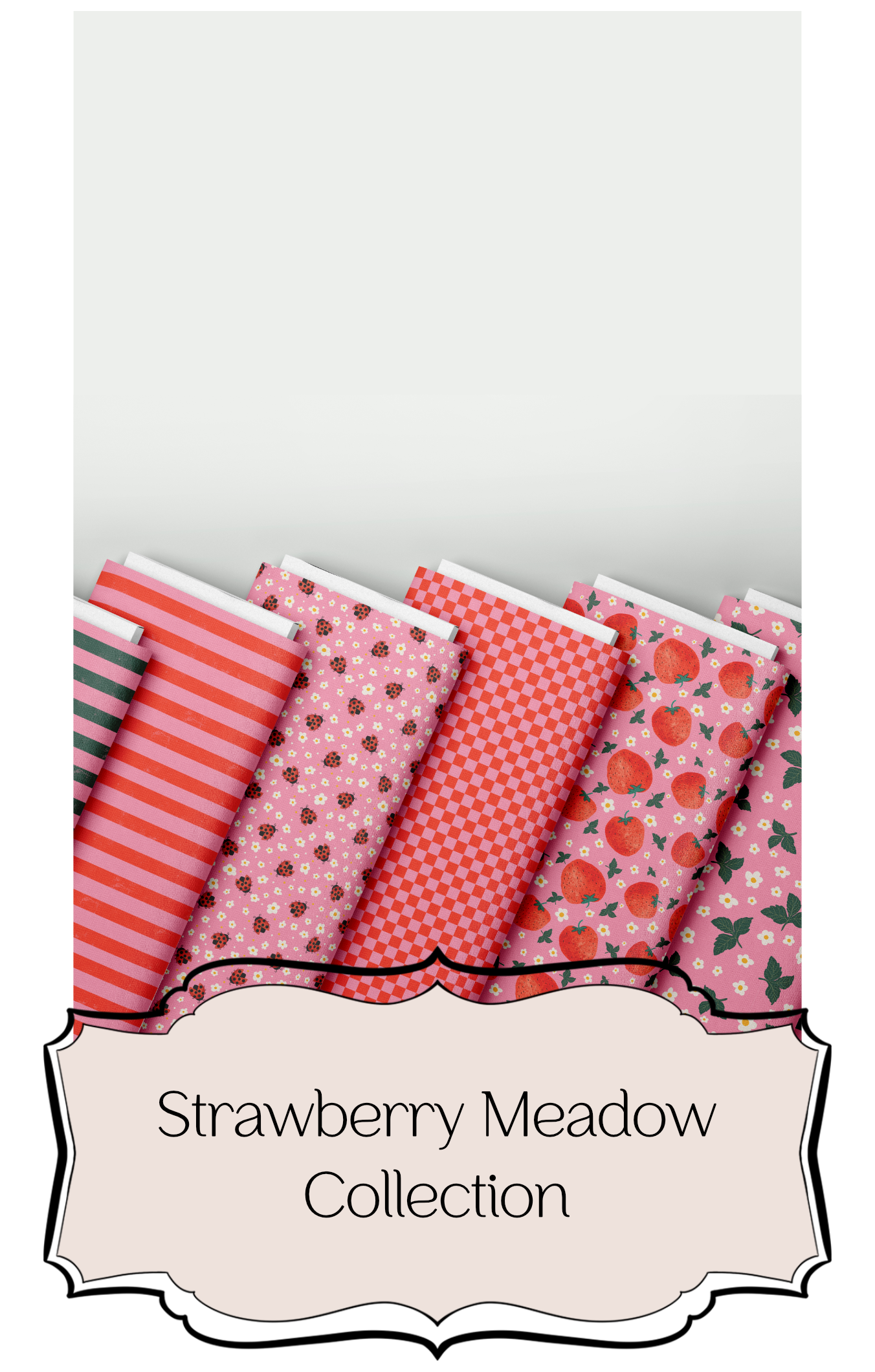 Strawberry‑themed pattern collection with strawberry illustrations, small botanical elements, gingham checks, dots, and coordinated repeat designs in a fresh summer palette.