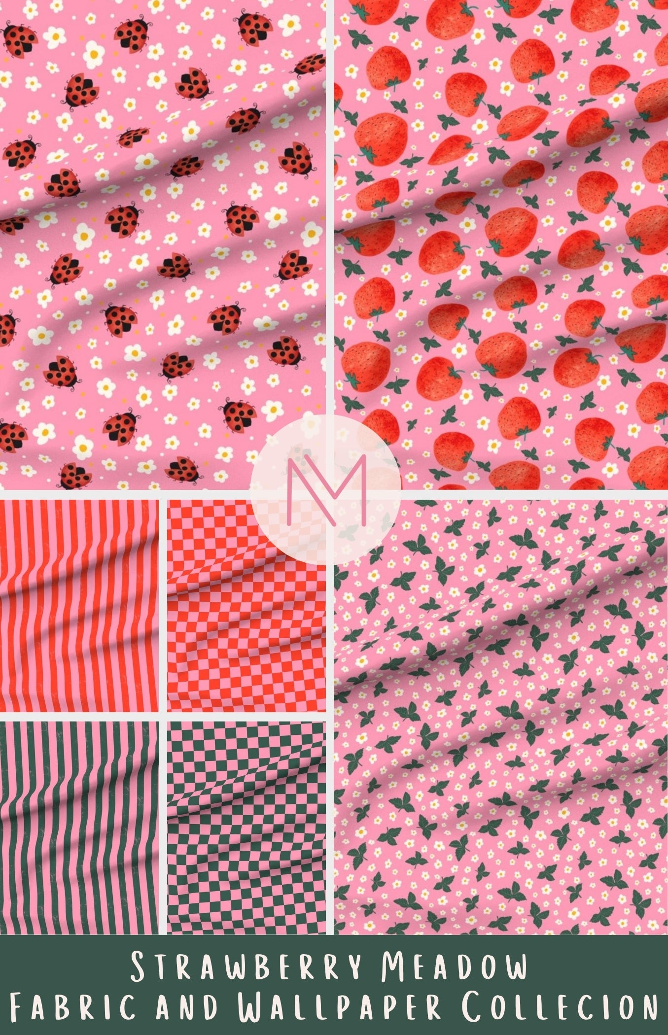 Collection of strawberry-themed fabric and wallpaper patterns collection for children and brand by Noemi Marozsan