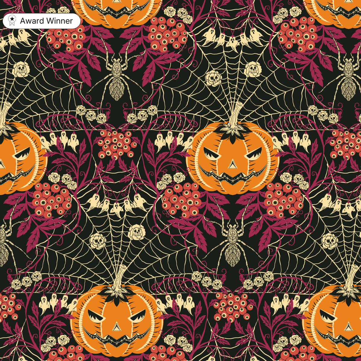 A repeating Halloween pattern featuring orange jack-o'-lantern pumpkins, cream spiderwebs, beige spiders, red berries, and dark magenta leaves on a black background. A small badge in the top-left corner reads 'Award Winner'.