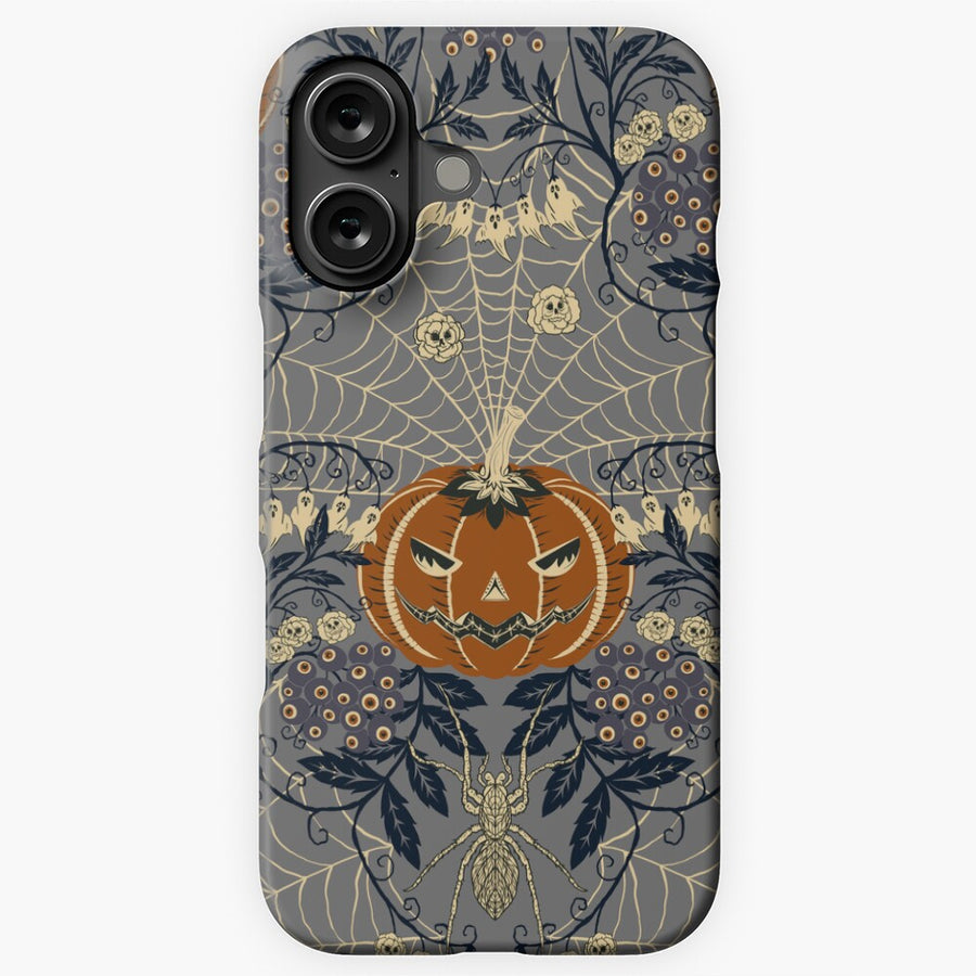 A surreal Halloween-themed phone case featuring a carved jack‑o’-lantern in the center, surrounded by spider webs, bats, floral motifs, and a detailed spider at the bottom. The design uses muted grey, dark blue, and orange tones with symmetrical decorative patterns.