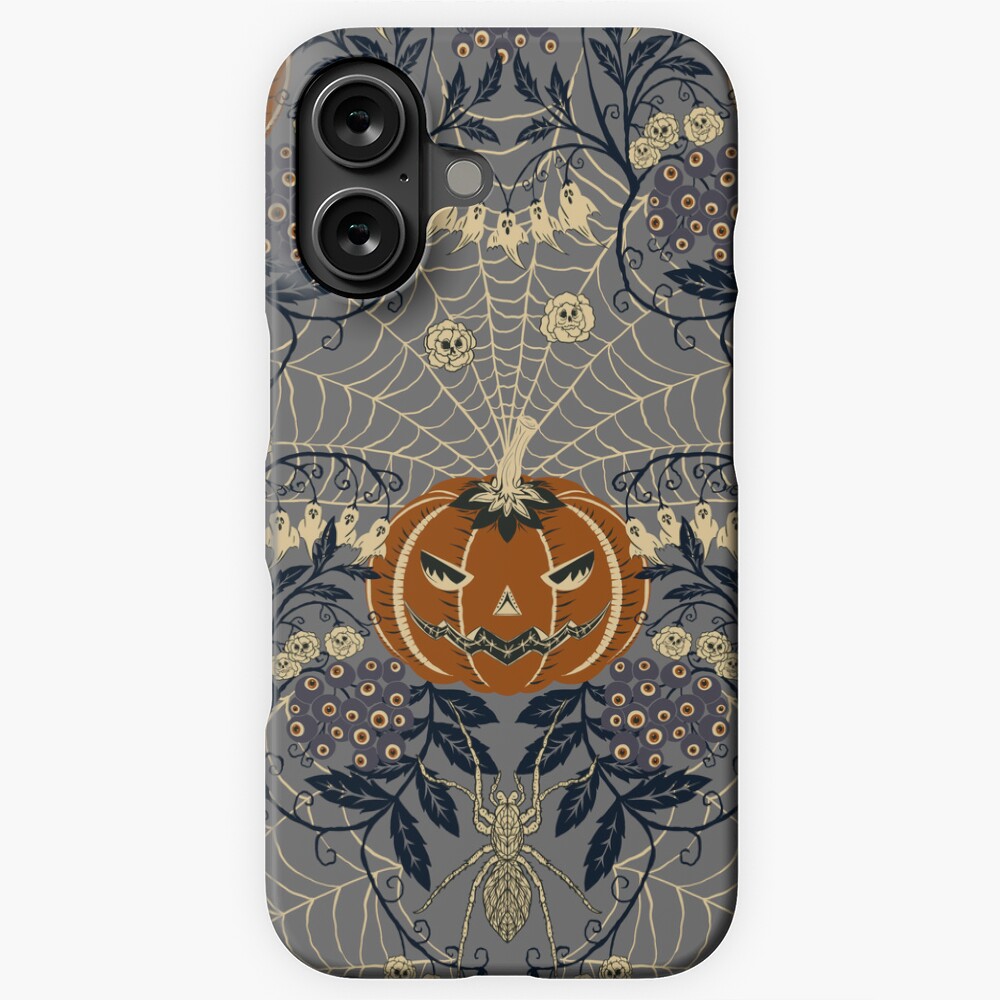 A surreal Halloween-themed phone case featuring a carved jack‑o’-lantern in the center, surrounded by spider webs, bats, floral motifs, and a detailed spider at the bottom. The design uses muted grey, dark blue, and orange tones with symmetrical decorative patterns.