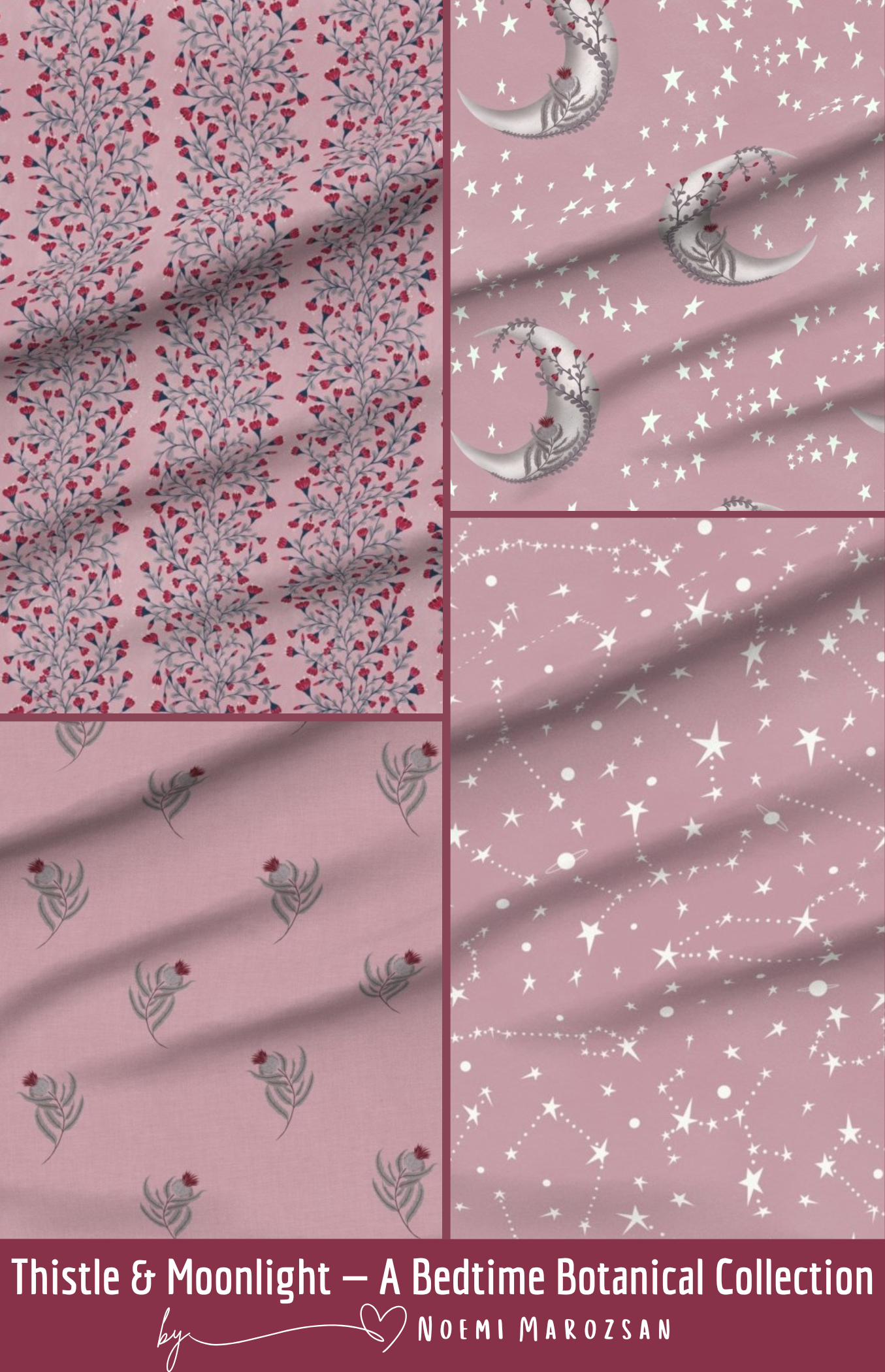Four fabric swatches with floral, moon, and star patterns on a pink background, labeled 'Thistle & Moonlight' by Noemi Marozsan.