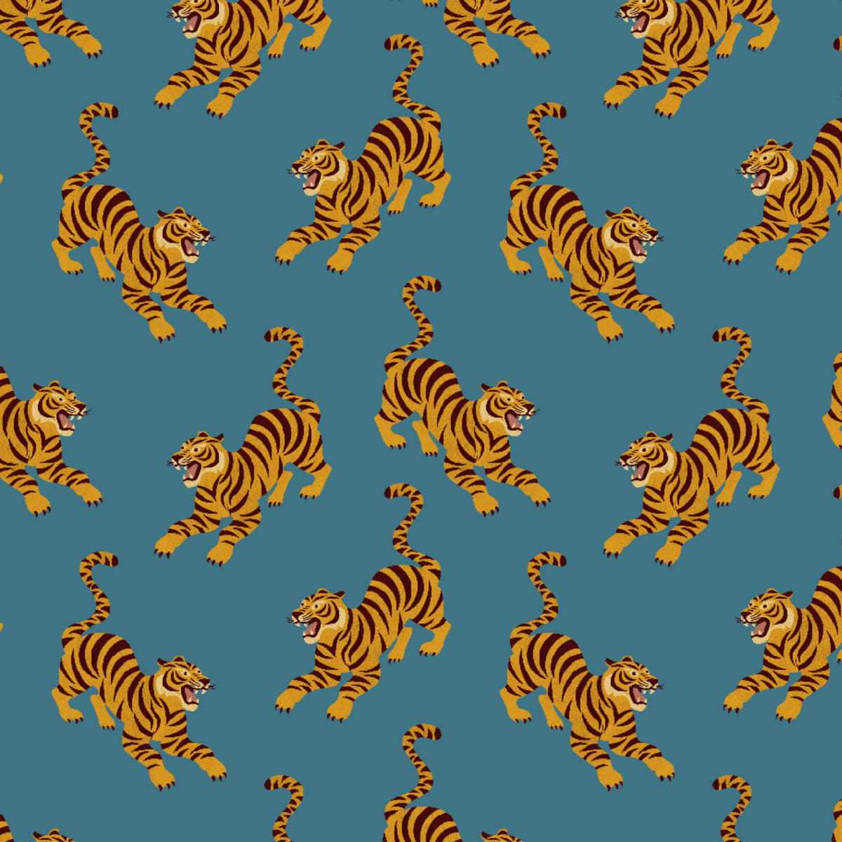 A repeating pattern of cartoon tigers in orange and black running across a muted blue background.